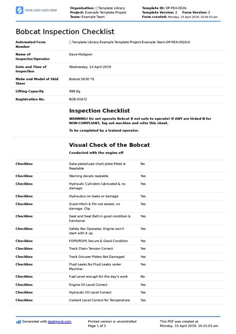 bobcat skid steer safety checklist|krawford skid steer inspection.